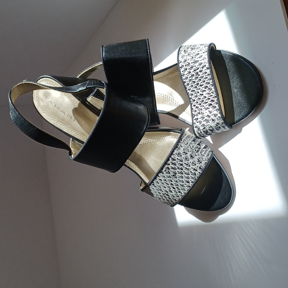 Tahari Women's Alex Block Heel Slingback Sandals, Black-White/Black, 8.5M